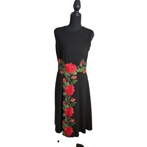 Traffic People Black Sleeveless Dress Red Floral embroidered Midi Fit& Flare M